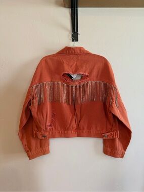 Vervet Orange Distressed Rhinestone Denim Jacket